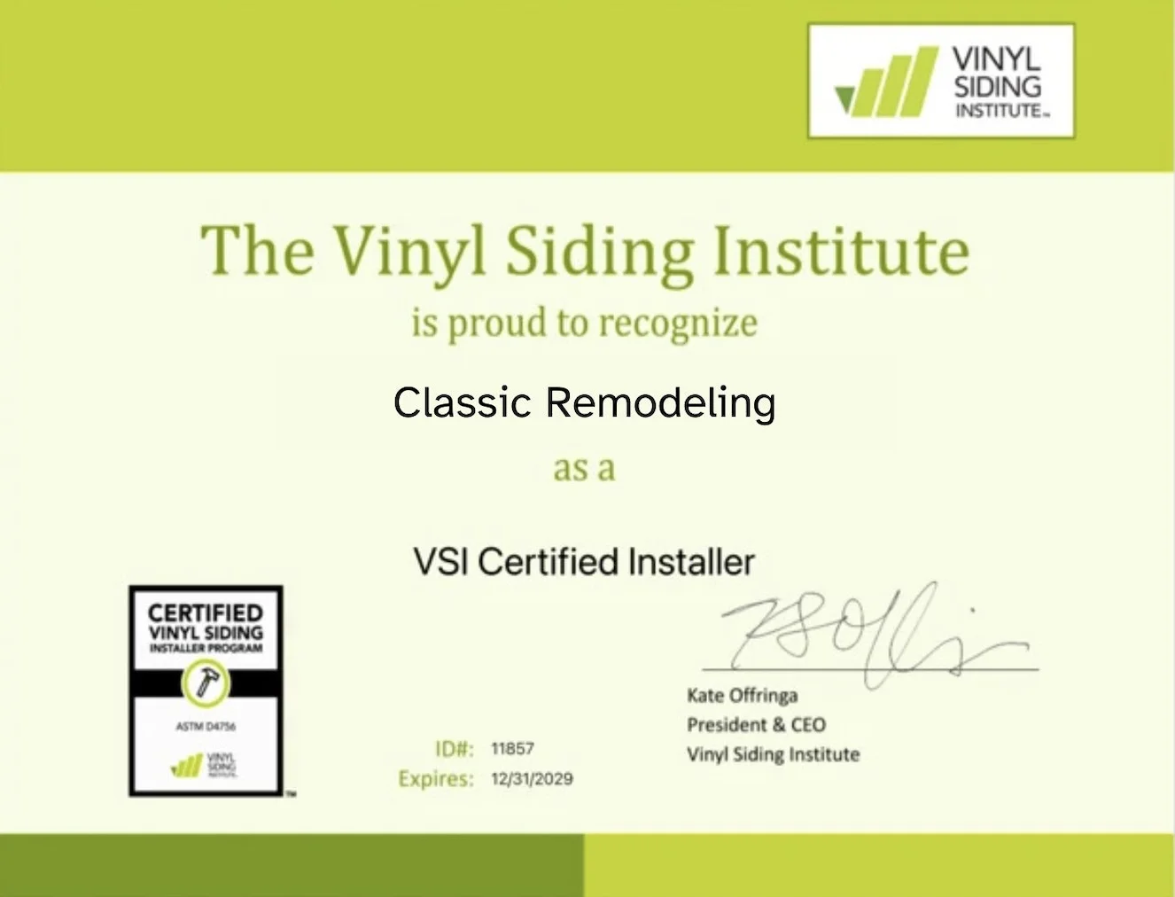 Classic Remodeling VSI Certified Installer certificate