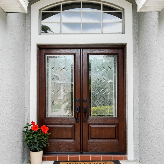 ProVia Signet oak French doors in Truffle with Constance decorative glass.