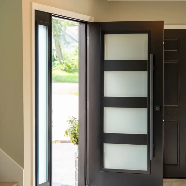 Frosted privacy glass on a Signet smooth 460 door with sidelite, interior view.