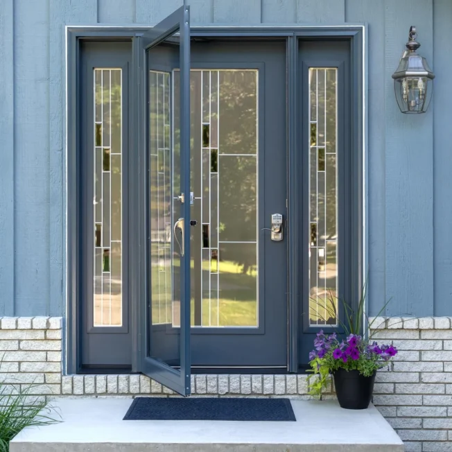 Signet smooth 460 entry door in Enzian Blue with Genesis decorative glass.