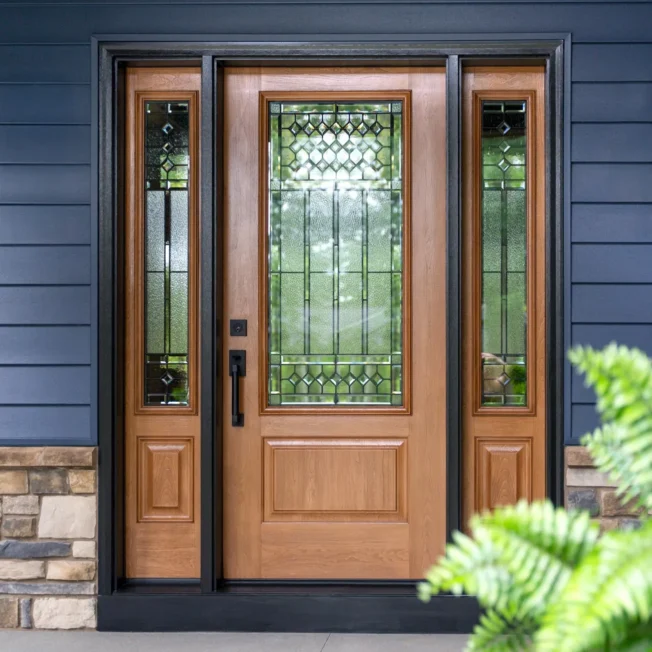 Signet cherry 440 entry door in Cider stain with Carrington decorative glass.