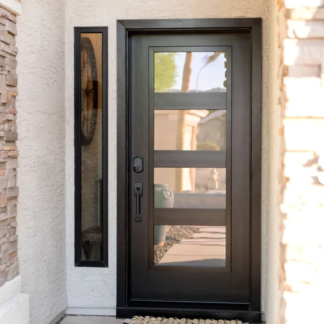 Signet smooth 460 door in Coal Black with frosted privacy glass and sidelite.