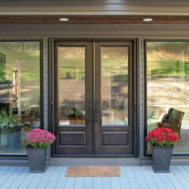8-foot Signet cherry 440 French door in Coffee Bean with coal black picture windows.
