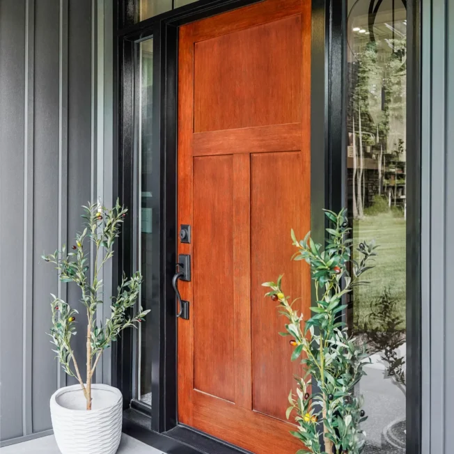 Signet fir door in Truffle and black with Addison designer handle.