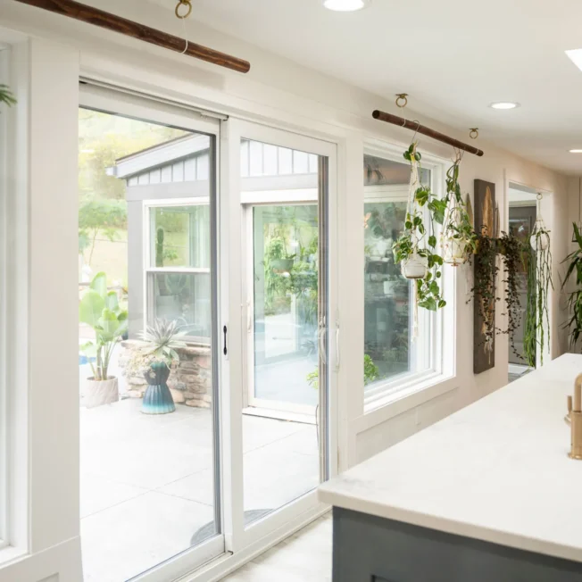 Endure sliding patio door in white woodgrain laminate.