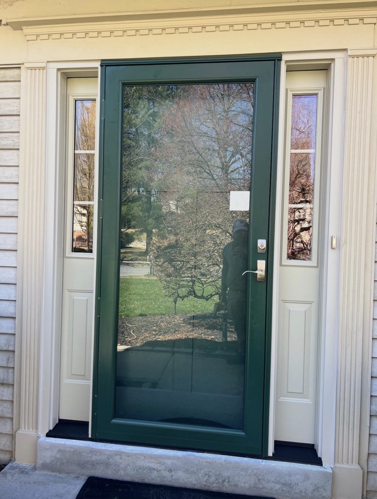 ProVia Signet fiberglass entry door in Forest Green with sidelites, Ellicott City, MD.