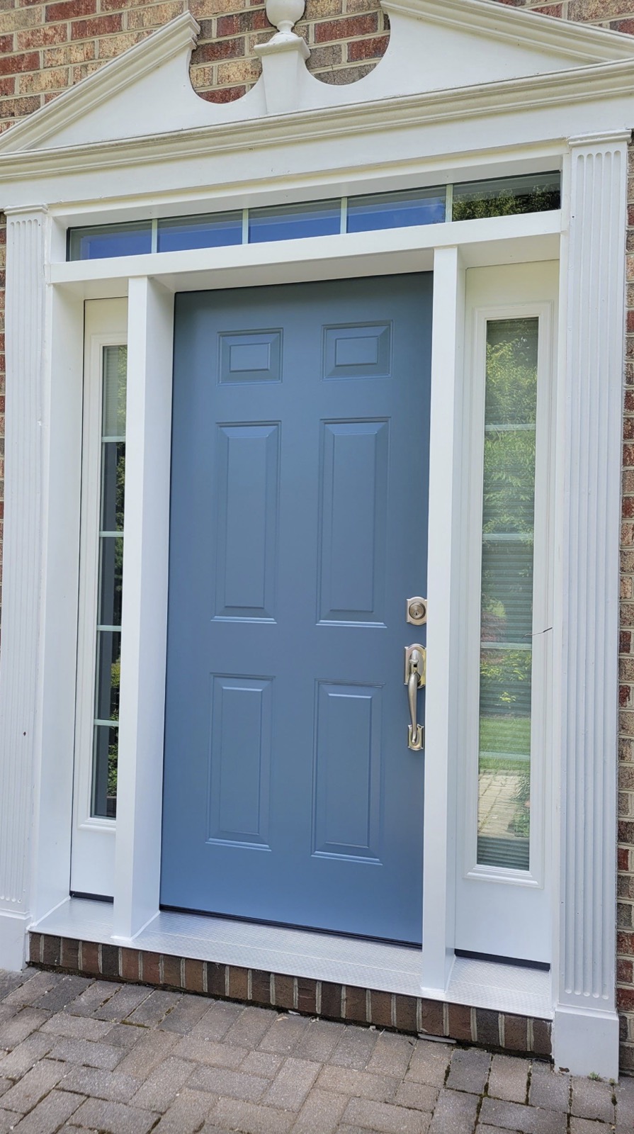 ProVia steel entry door in Geneva Blue with sidelites and transom, Ellicott City, MD.