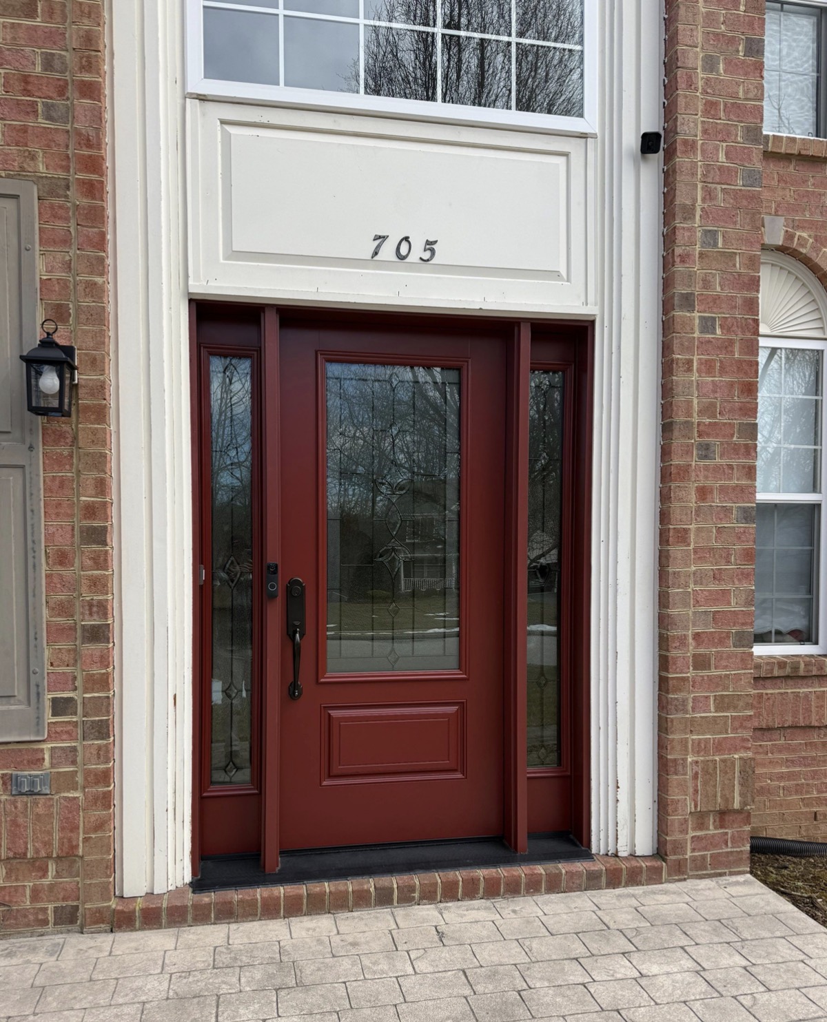 ProVia fiberglass entry door in Mountain Berry with sidelites and Esmond decorative glass, Mount Airy, MD.