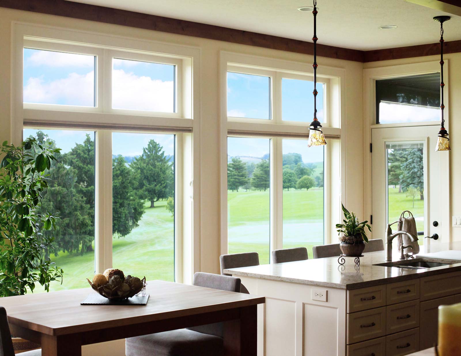 Two Aeris Casement Windows in the Kitchen viewing a golf course