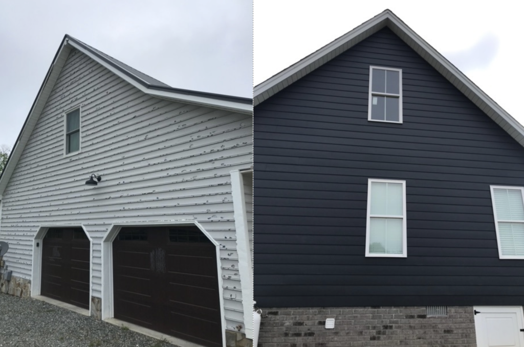 Hail storm damage Alside siding with no damage and regular siding with damage.